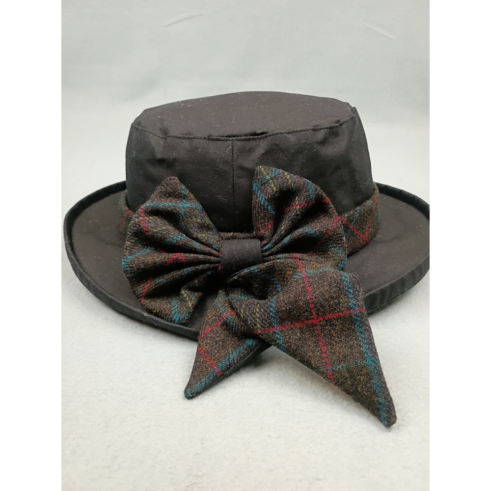Heather Wax Cotton Hat Brown Wool Tweed Plaid Bow Cloche Bucket One Size